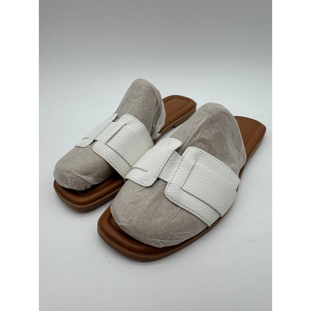 Womens White Slide‎ Sandals Square Toe Flat Minimalist Size 11